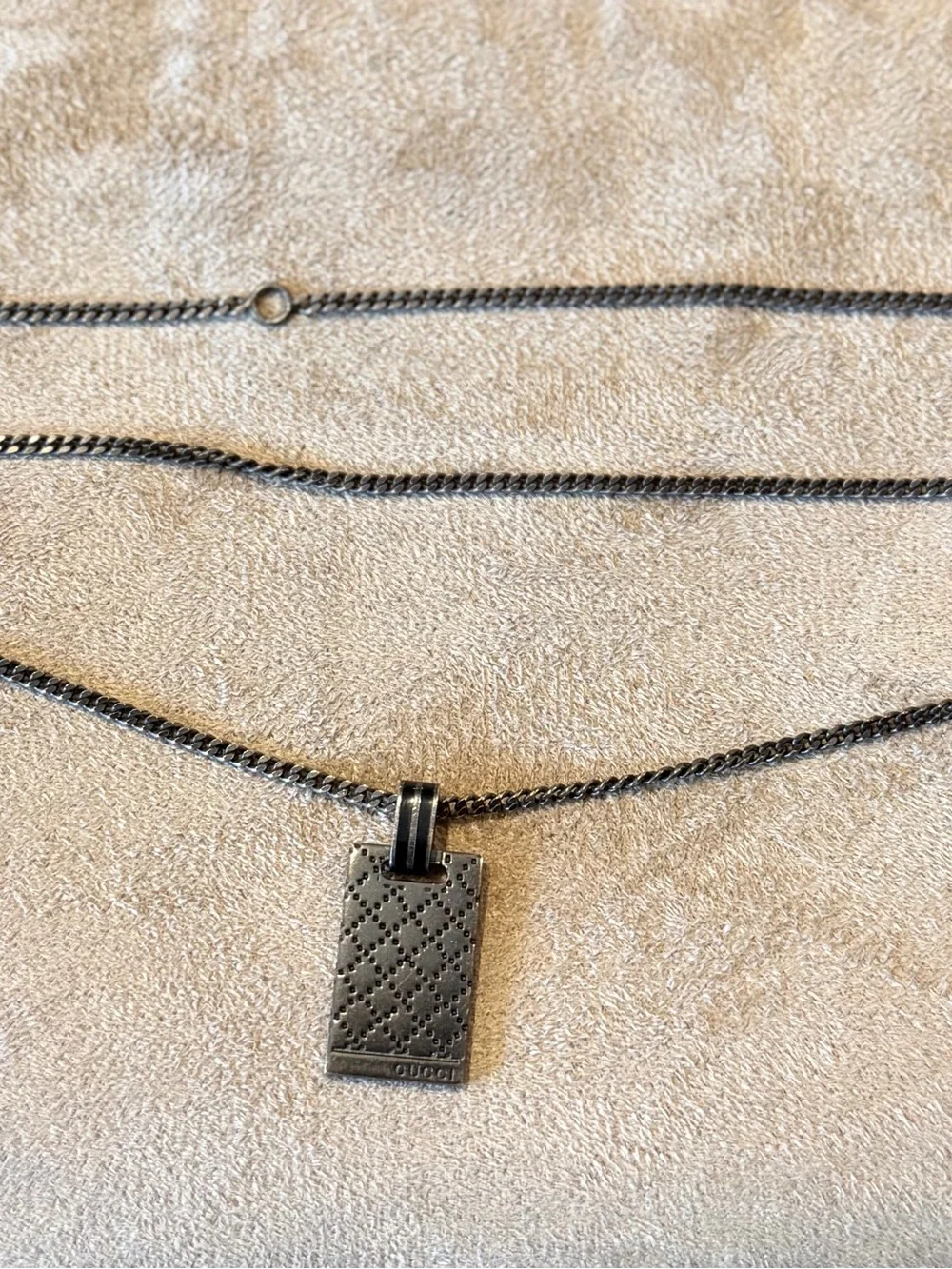 GUCCI Gunmetal .925 SS Textured Dog Tag Pendant Necklace; Length 20”- 22”